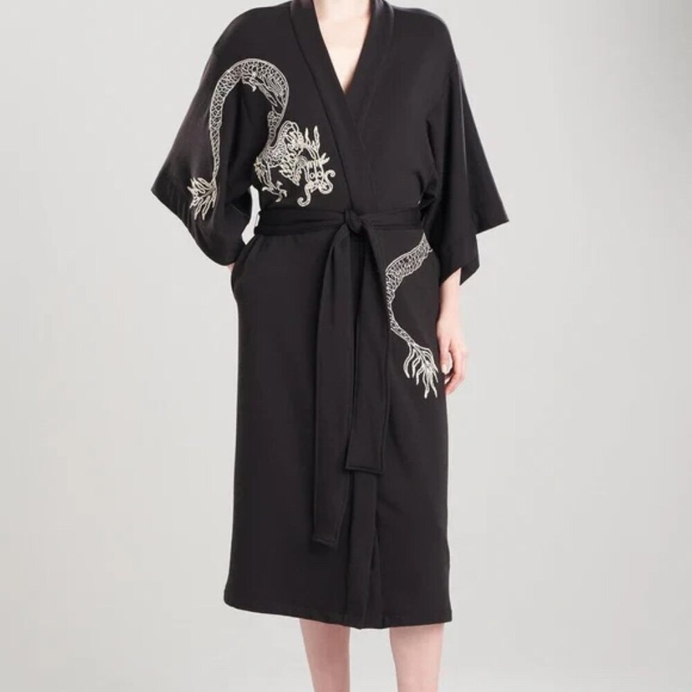 Natori Black Robe Embroidered Dragon